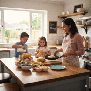 a mother preparing morning food for her kids