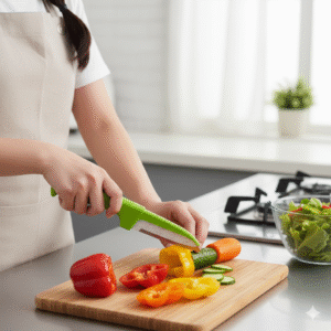 a person using a safety knife during food preparation in the kitchen