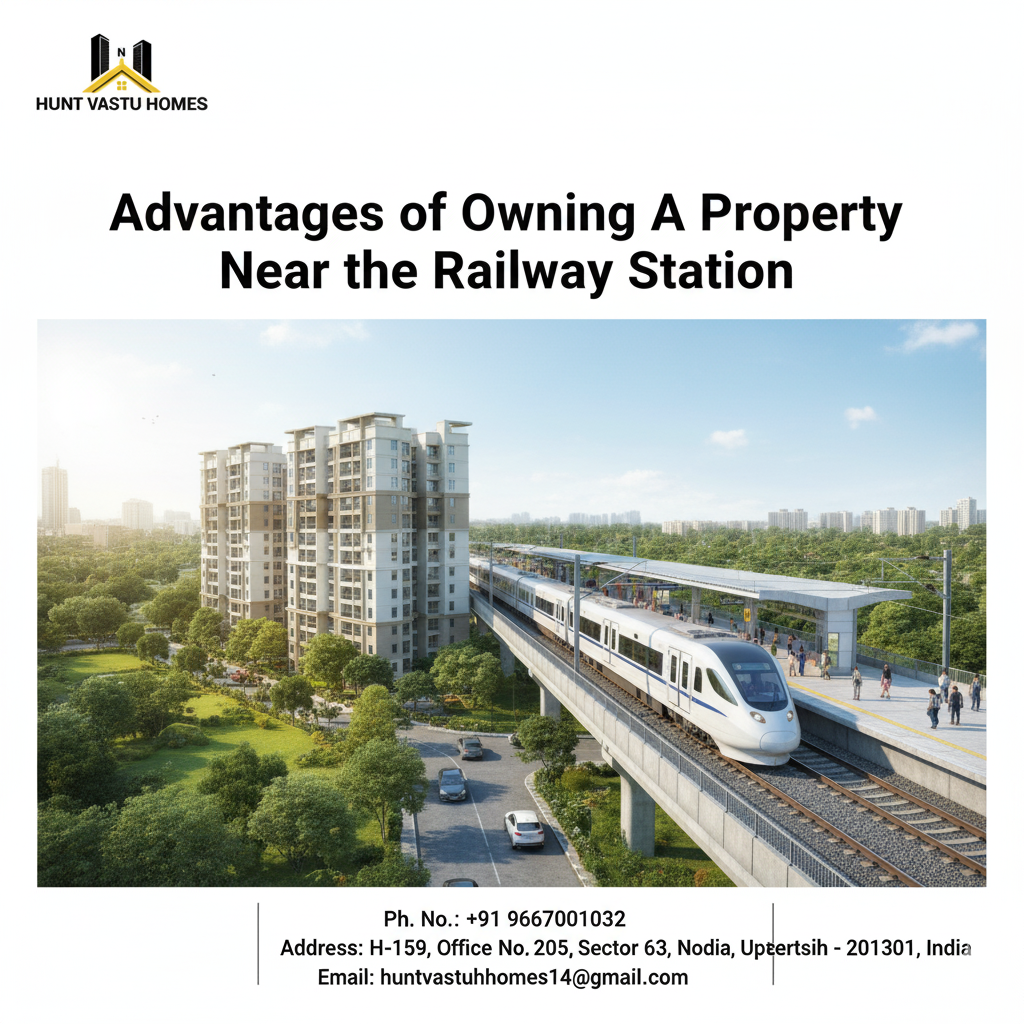 Train at station with modern buildings, trees, and road