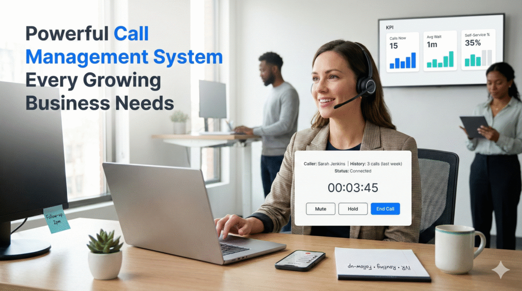Support lead using a call management system on a laptop showing caller details and call controls, improving response times and agent productivity for Business.