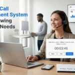 Support lead using a call management system on a laptop showing caller details and call controls, improving response times and agent productivity for Business.